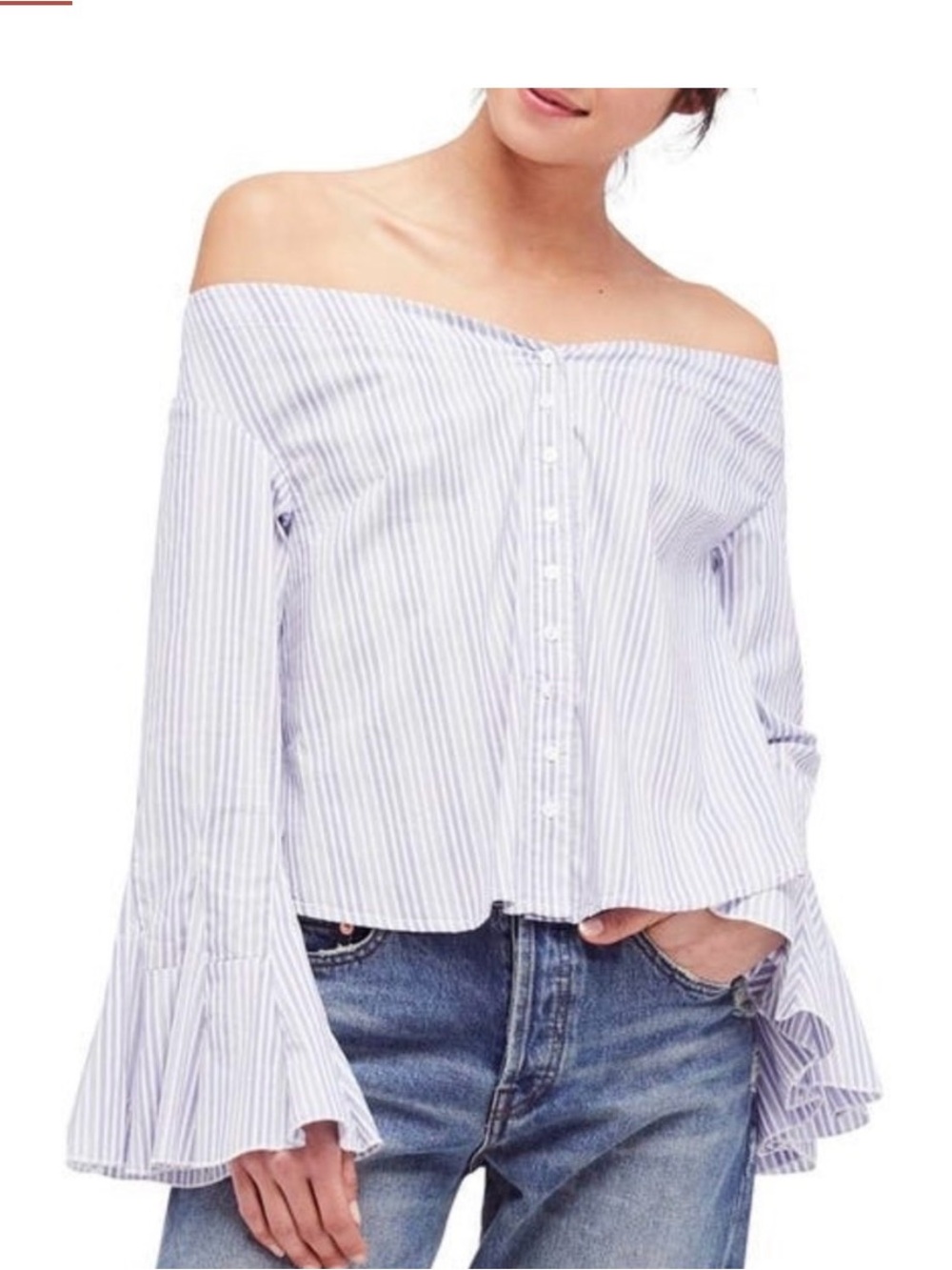 NWT Free People Striped Off-Shoulder Bell Sleeve Top